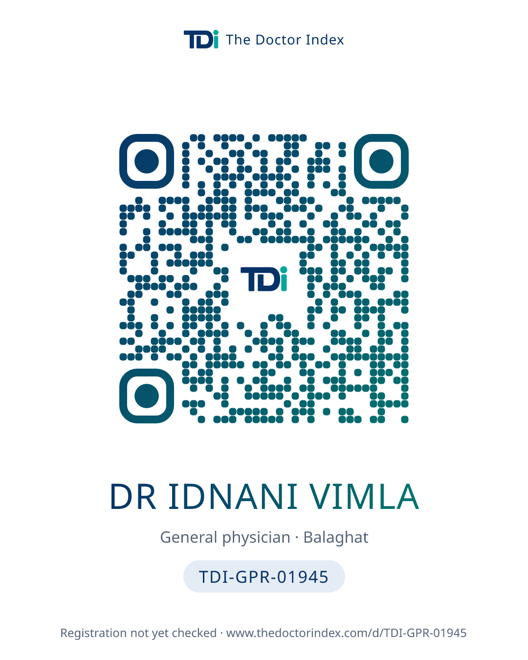 QR card for Dr Idnani Vimla, TDI-GPR-01945