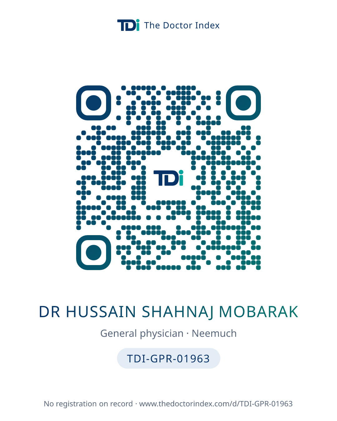 QR card for Dr Hussain Shahnaj Mobarak, TDI-GPR-01963