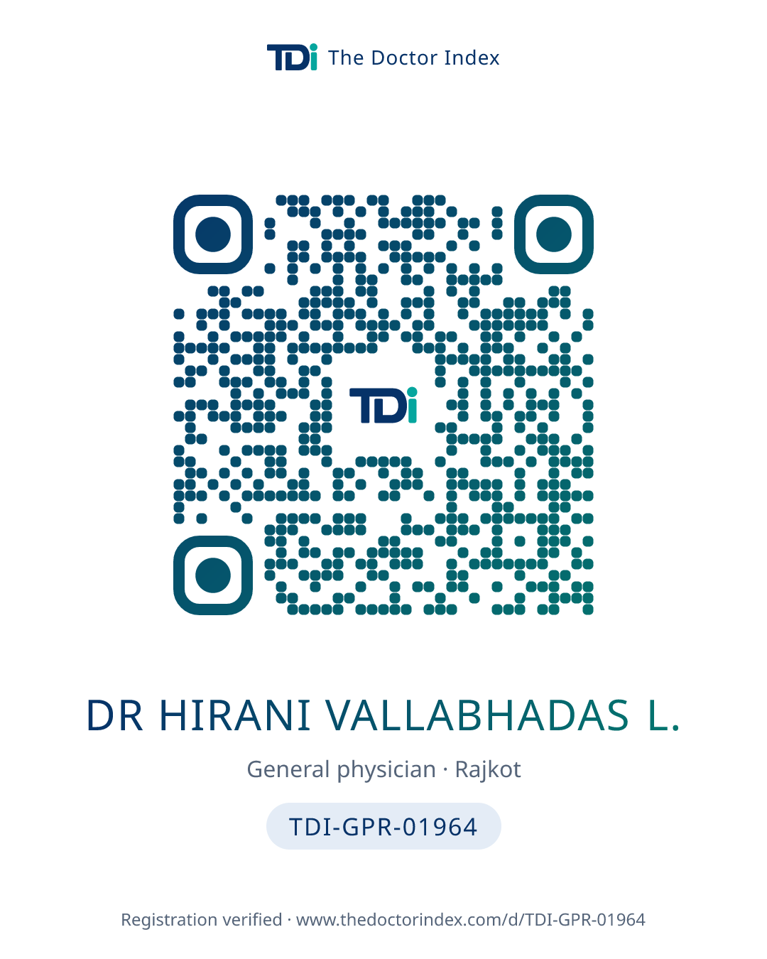 QR card for Dr Hirani Vallabhadas L., TDI-GPR-01964