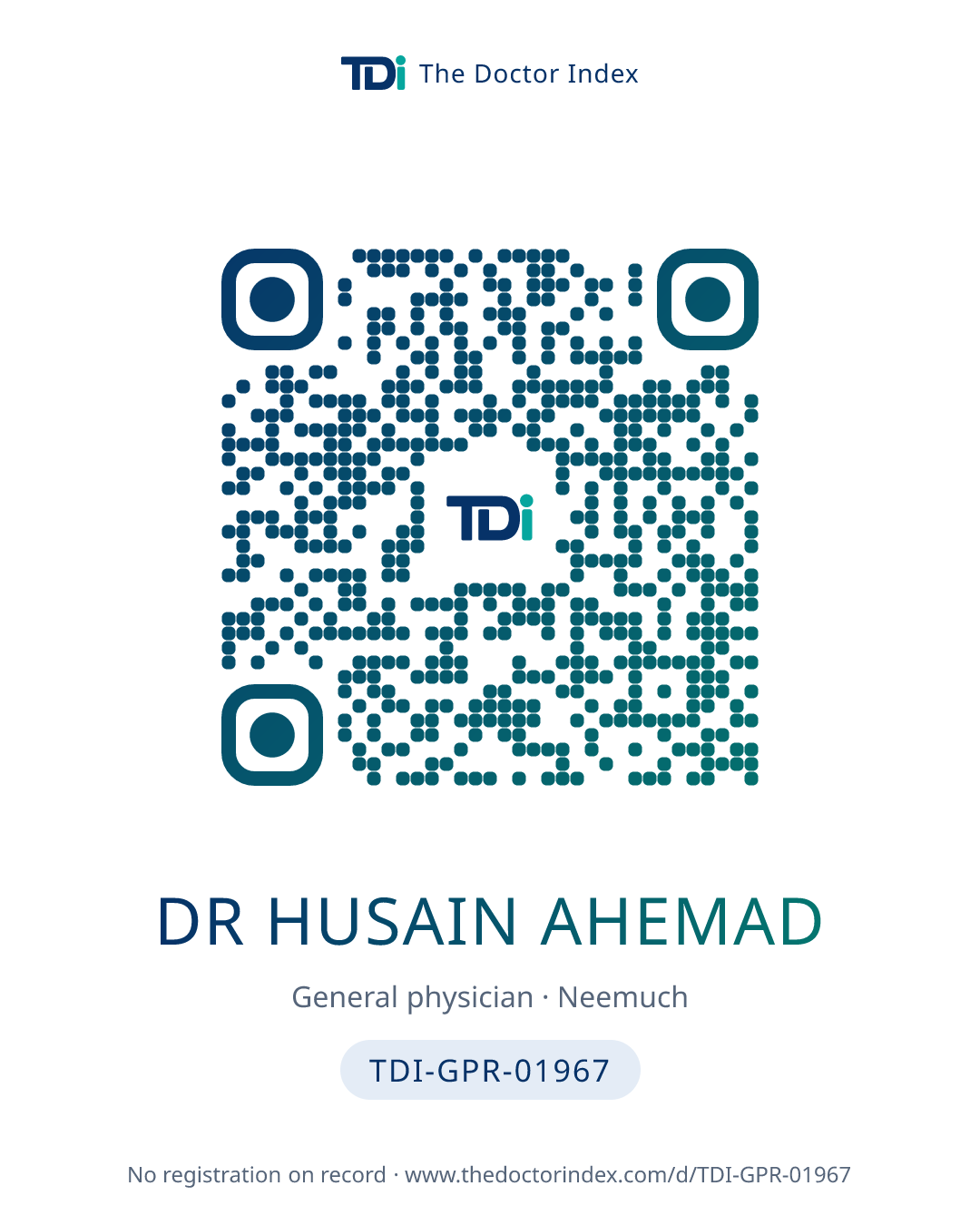 QR card for Dr Husain Ahemad, TDI-GPR-01967