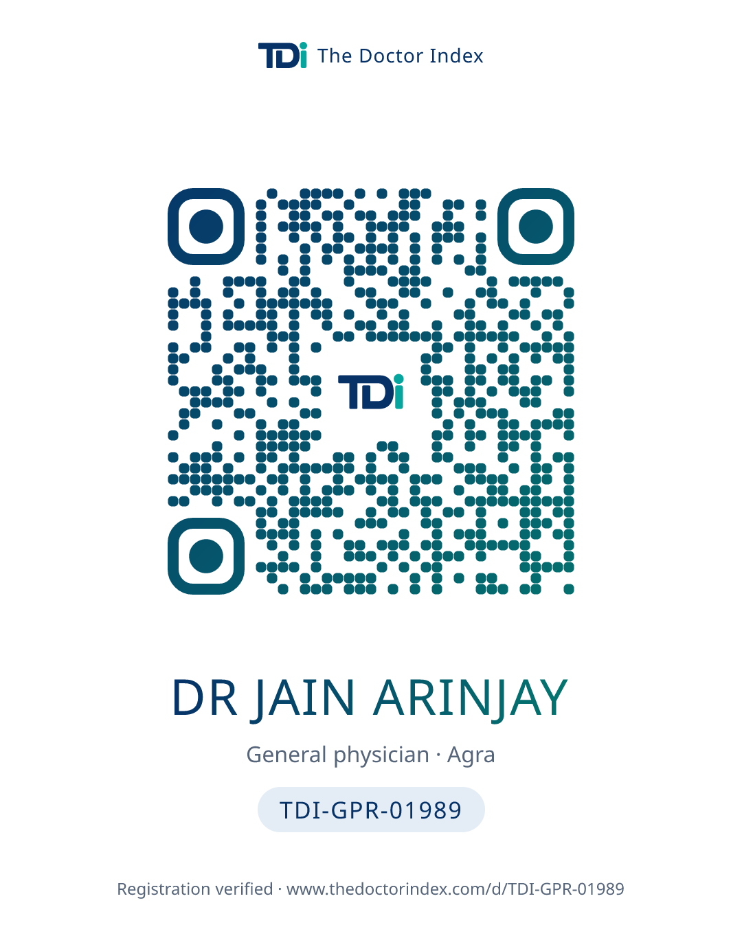 QR card for Dr Jain Arinjay, TDI-GPR-01989