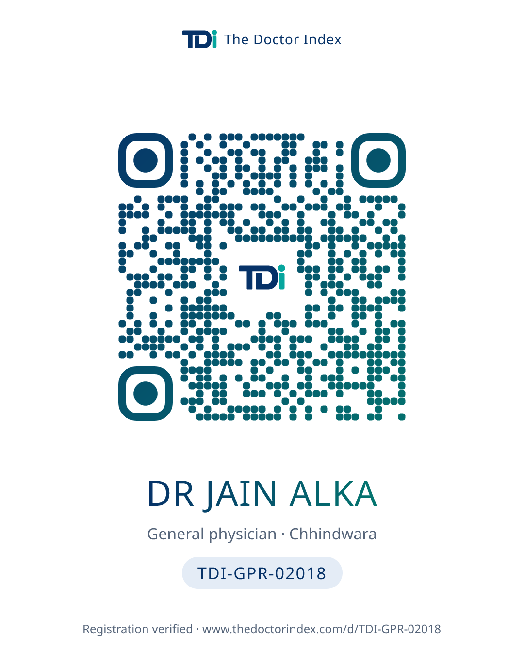 QR card for Dr Jain Alka, TDI-GPR-02018