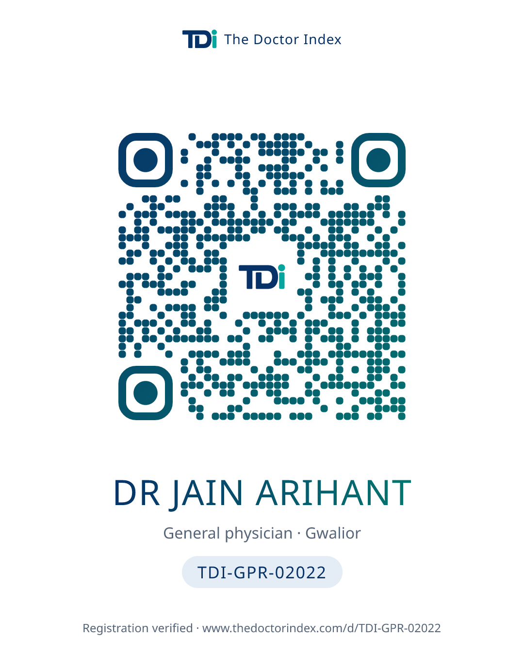 QR card for Dr Jain Arihant, TDI-GPR-02022
