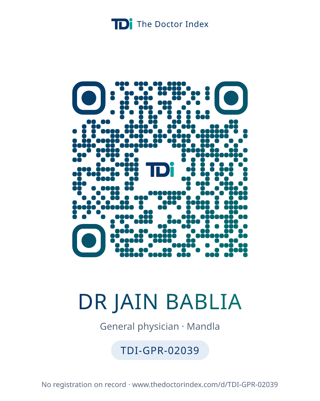QR card for Dr Jain Bablia, TDI-GPR-02039