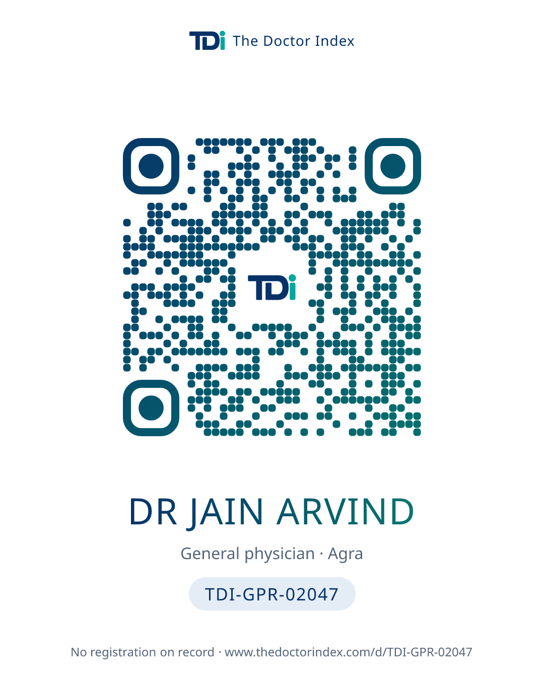 QR card for Dr Jain Arvind, TDI-GPR-02047