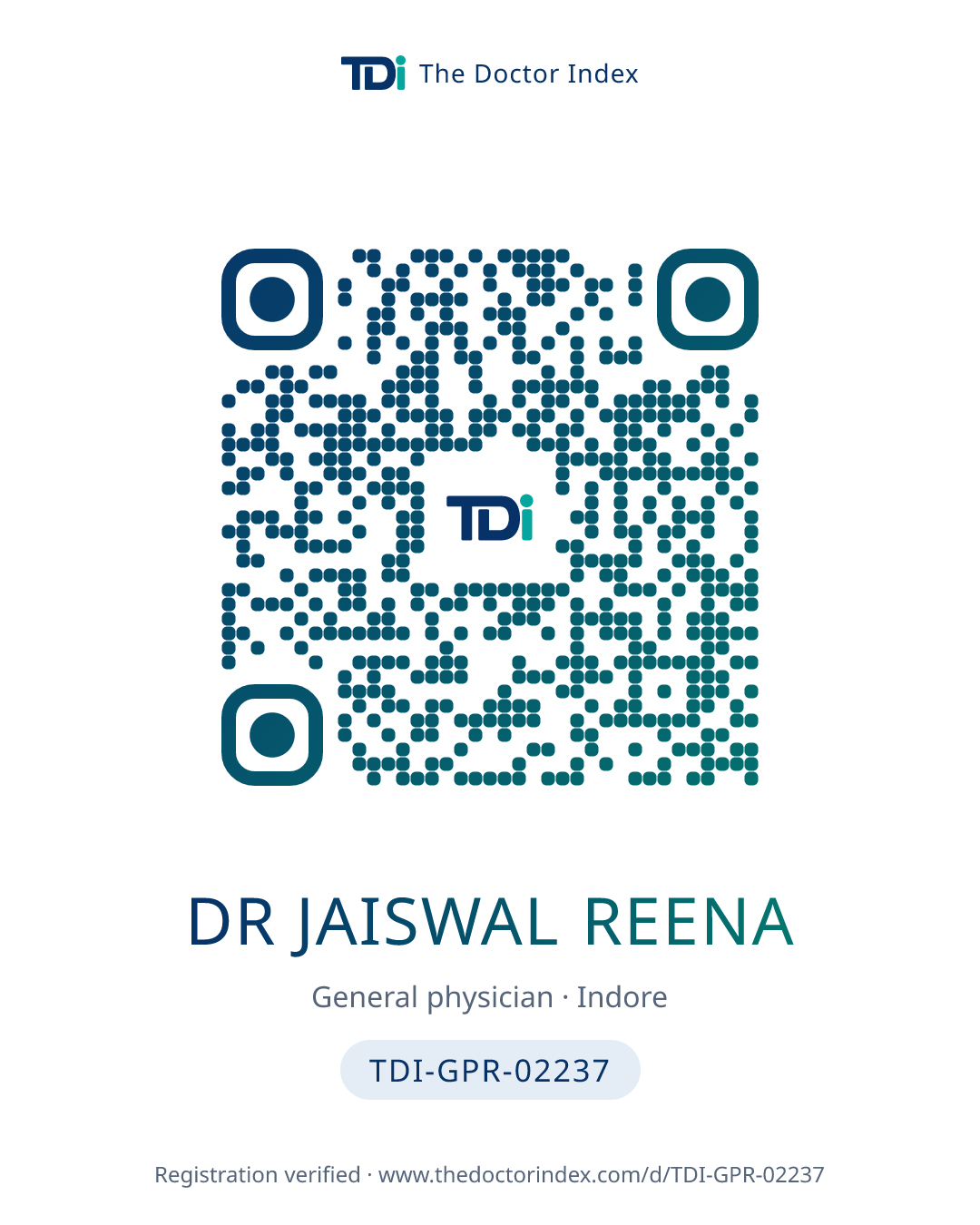 QR card for Dr Jaiswal Reena, TDI-GPR-02237
