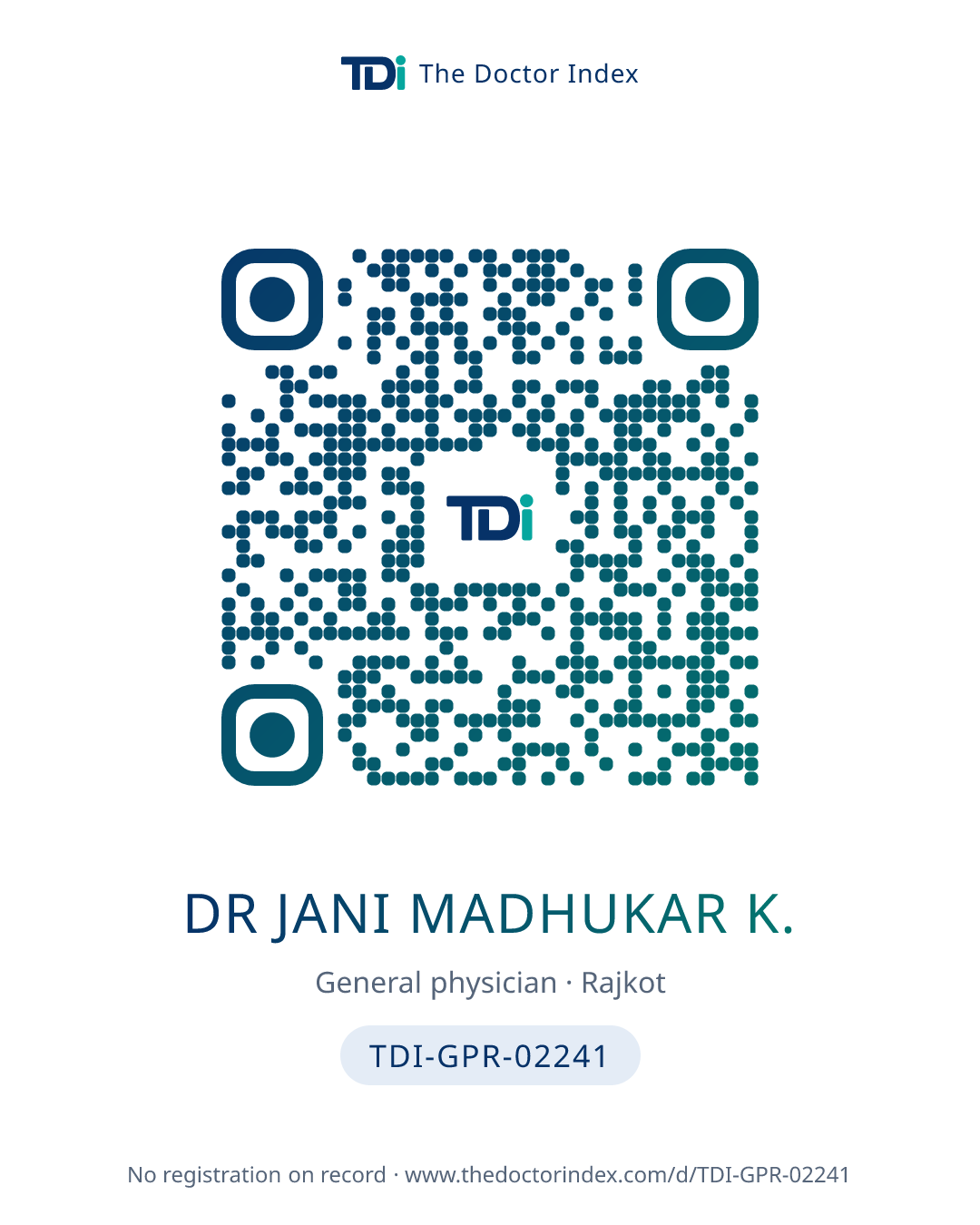 QR card for Dr Jani Madhukar K., TDI-GPR-02241