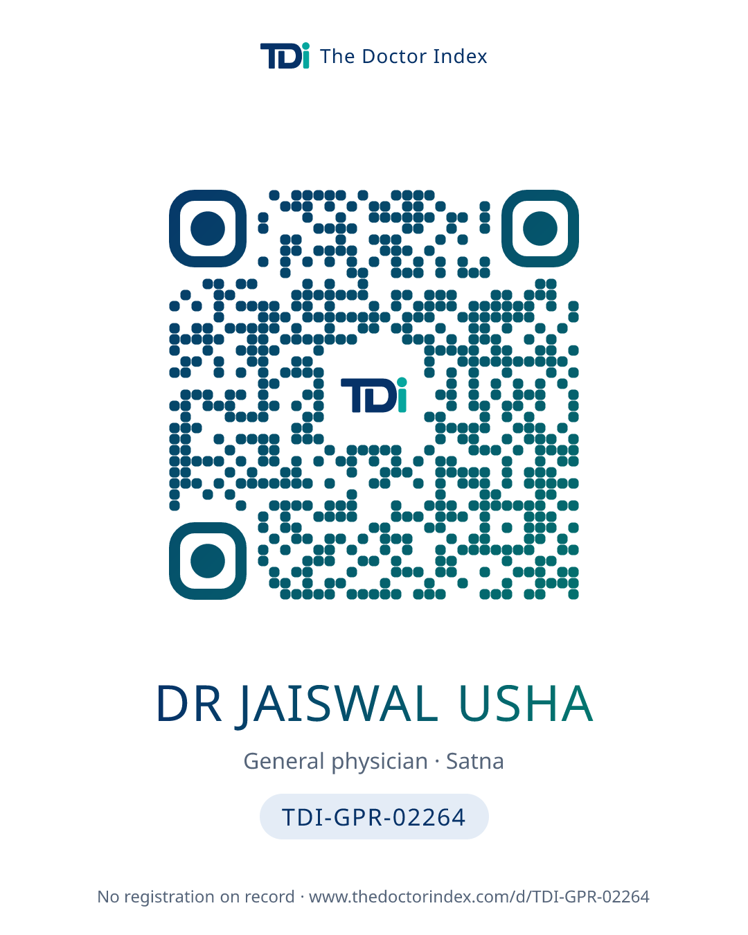 QR card for Dr Jaiswal Usha, TDI-GPR-02264