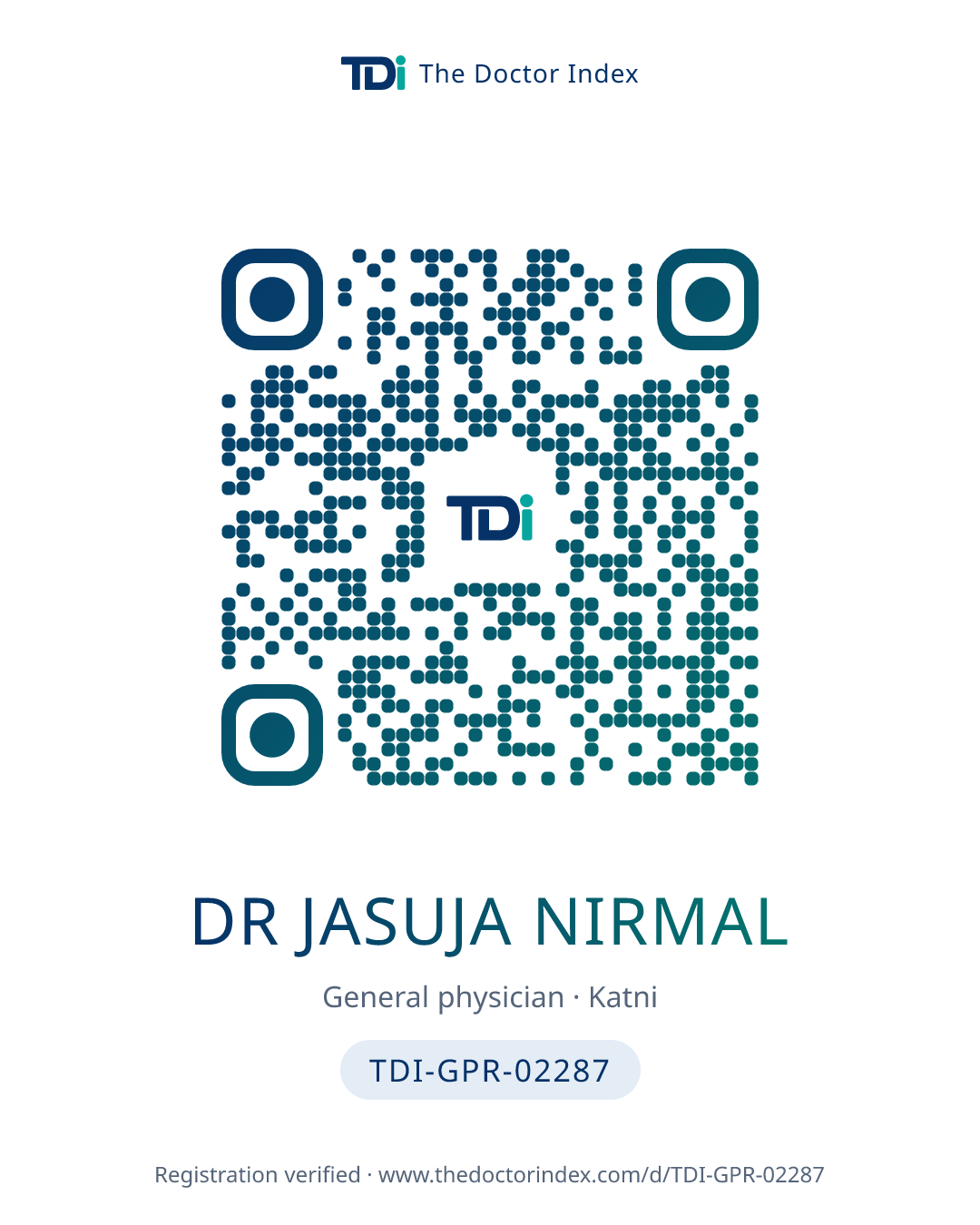 QR card for Dr Jasuja Nirmal, TDI-GPR-02287