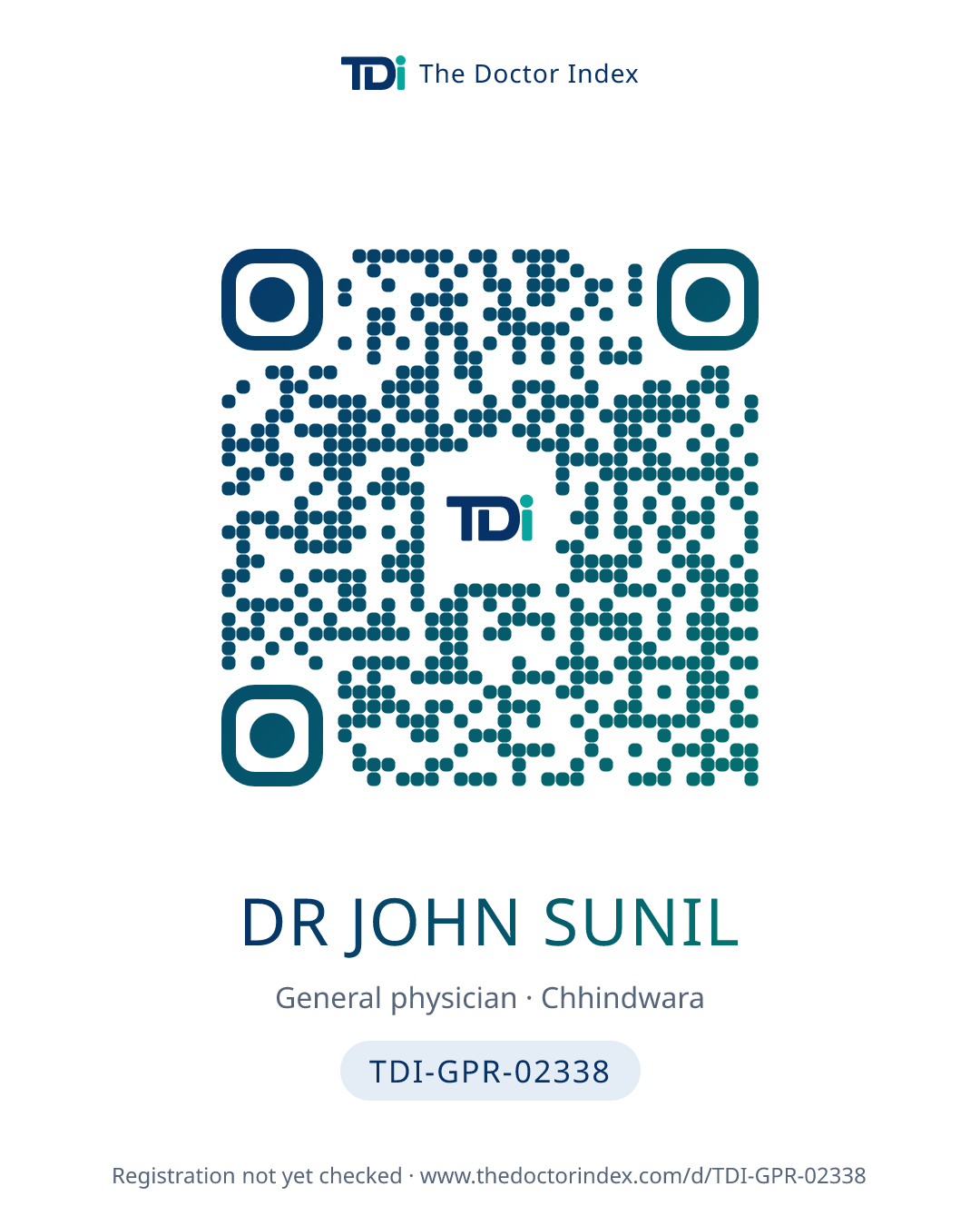 QR card for Dr John Sunil, TDI-GPR-02338