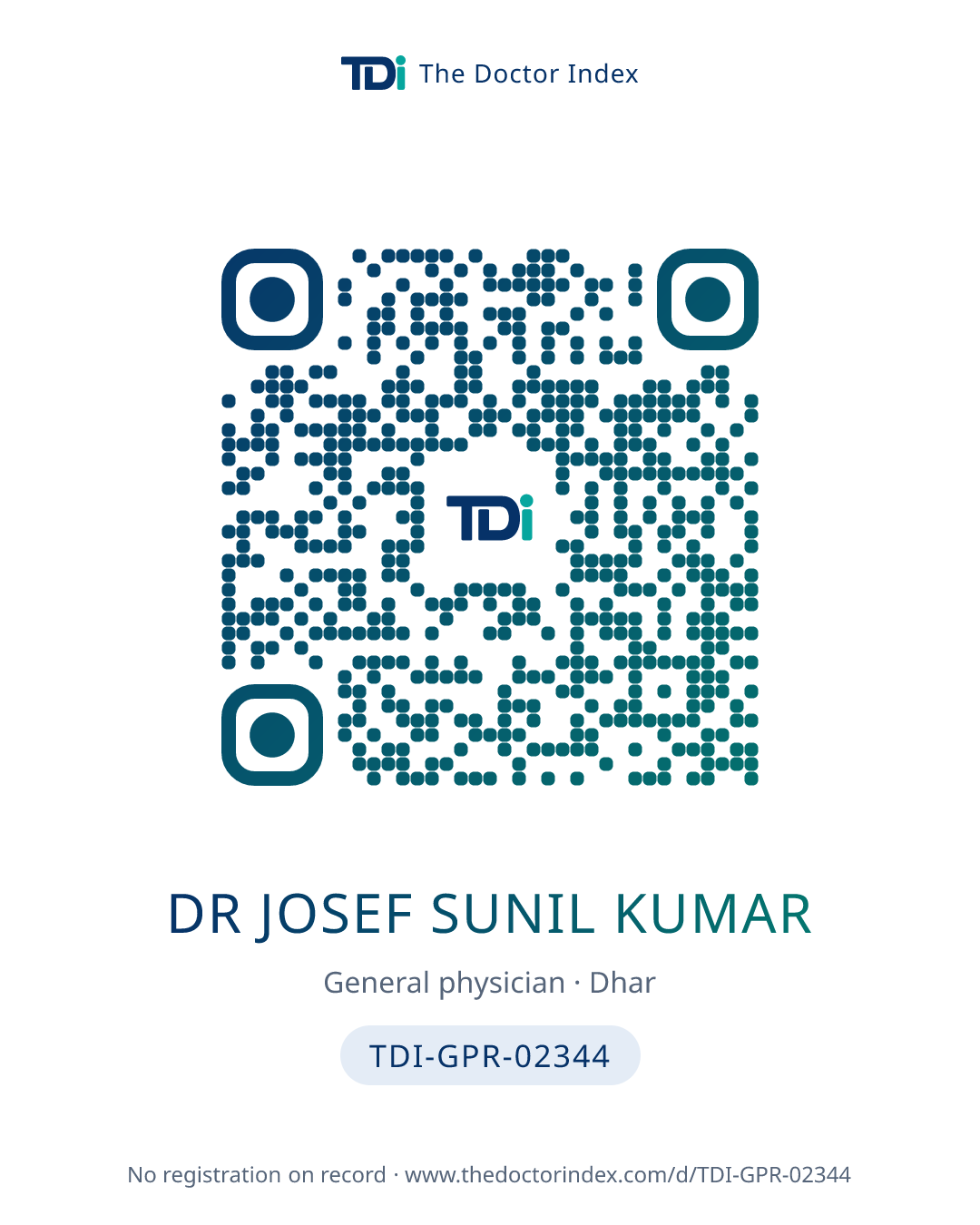 QR card for Dr Josef Sunil Kumar, TDI-GPR-02344