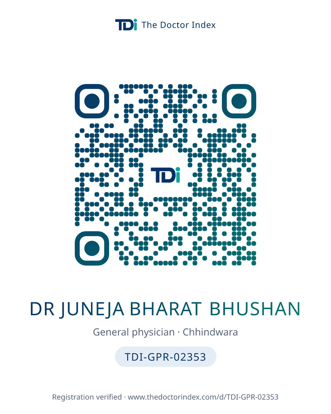QR card for Dr Juneja Bharat Bhushan, TDI-GPR-02353