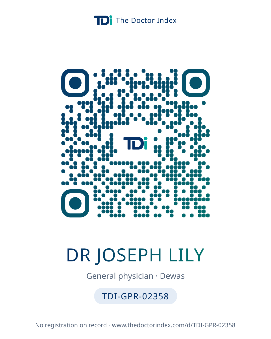 QR card for Dr Joseph Lily, TDI-GPR-02358