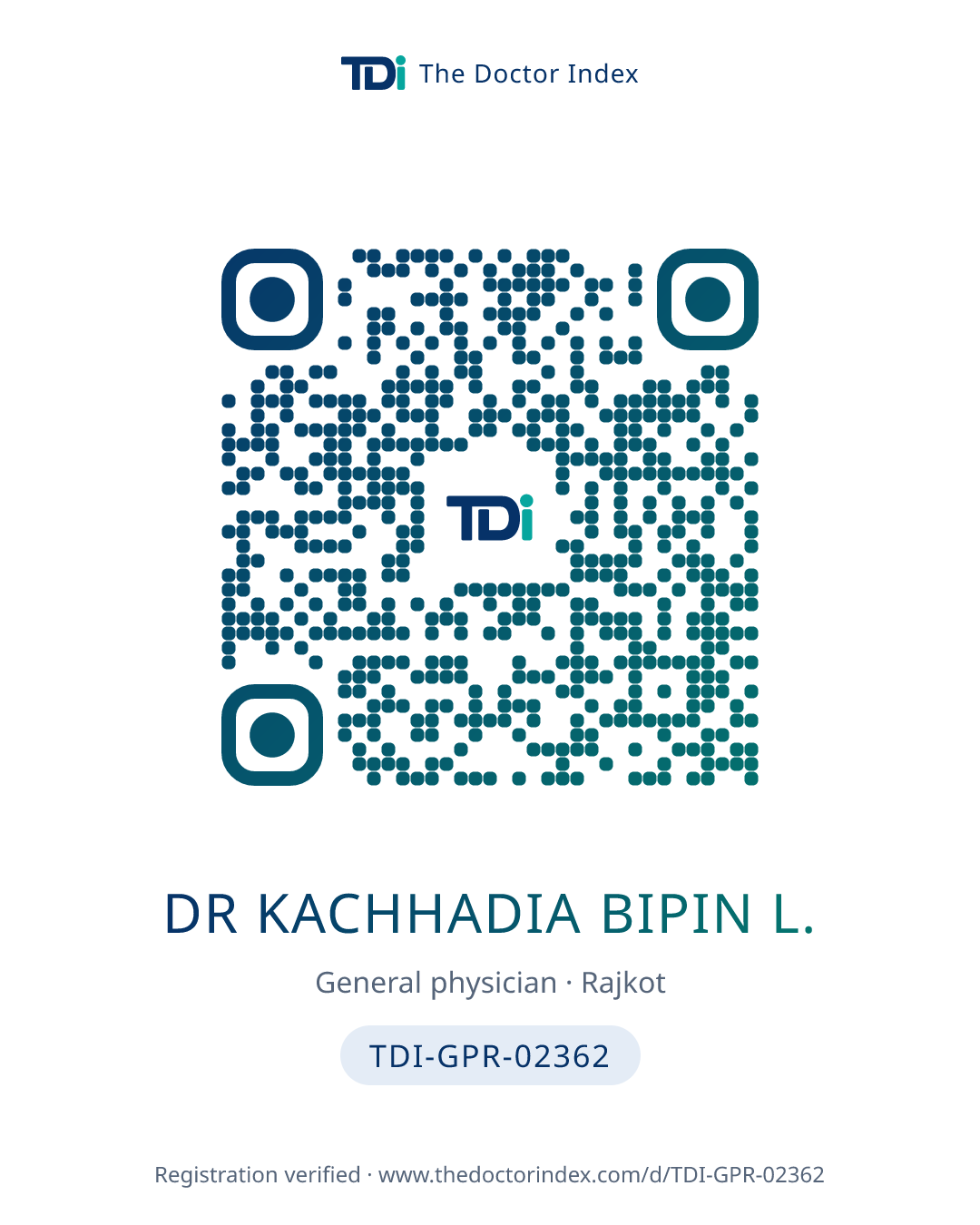 QR card for Dr Kachhadia Bipin L., TDI-GPR-02362