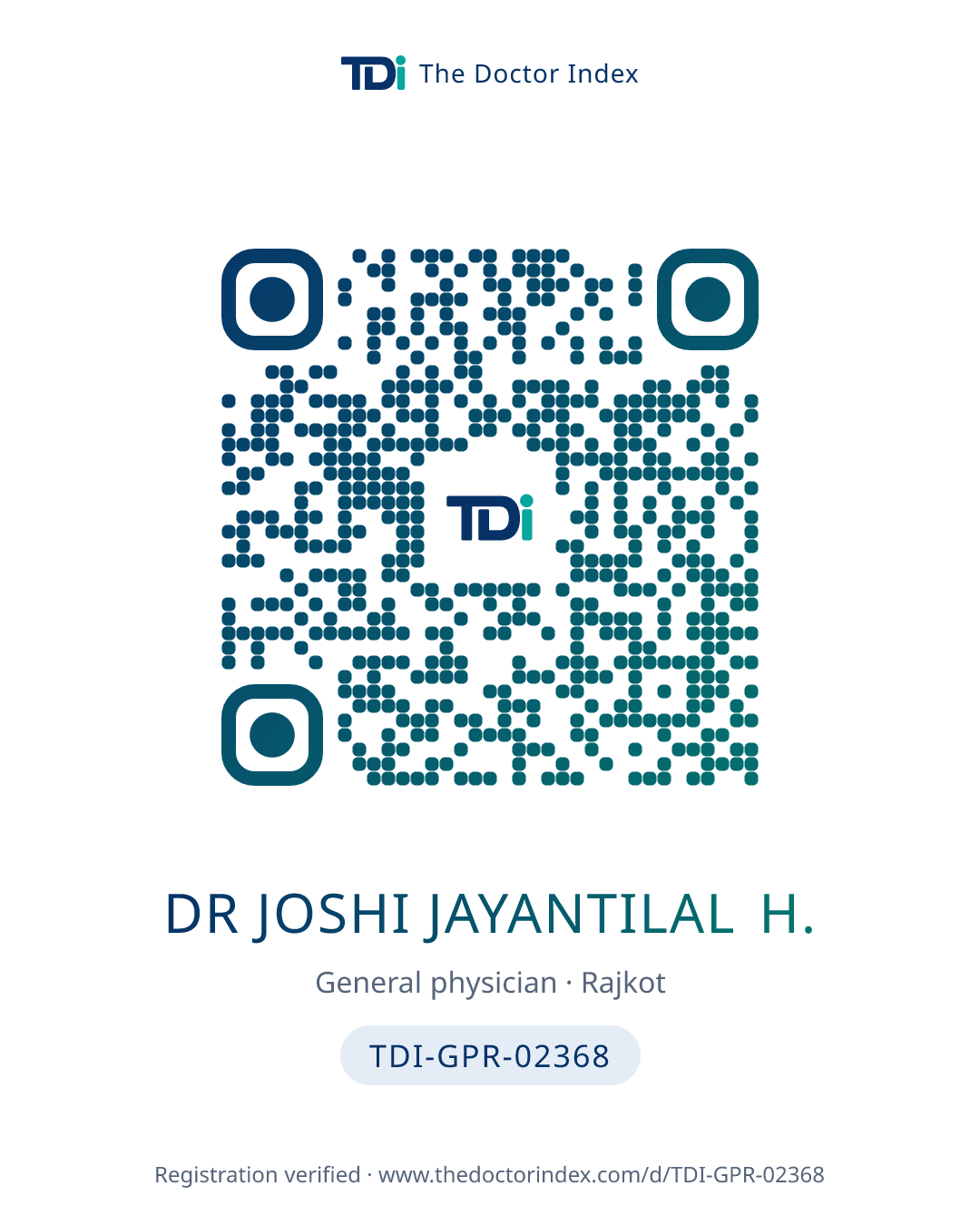 QR card for Dr Joshi Jayantilal H., TDI-GPR-02368