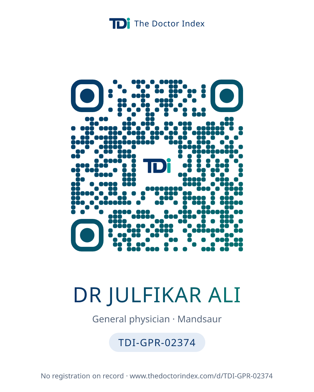 QR card for Dr Julfikar Ali, TDI-GPR-02374