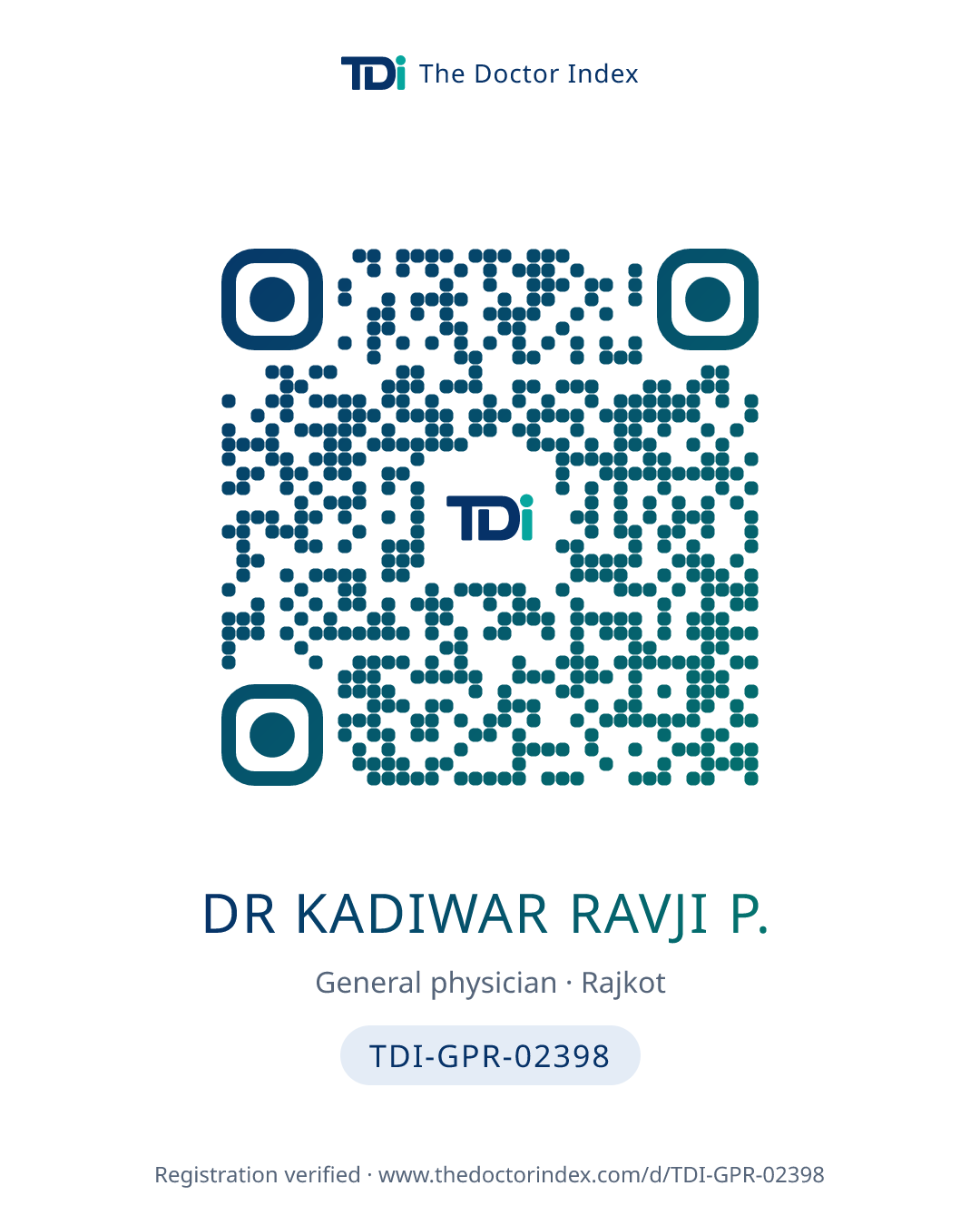QR card for Dr Kadiwar Ravji P., TDI-GPR-02398