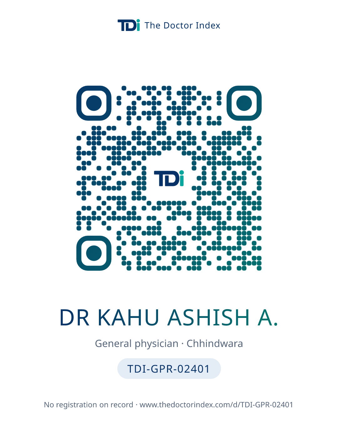 QR card for Dr Kahu Ashish A., TDI-GPR-02401