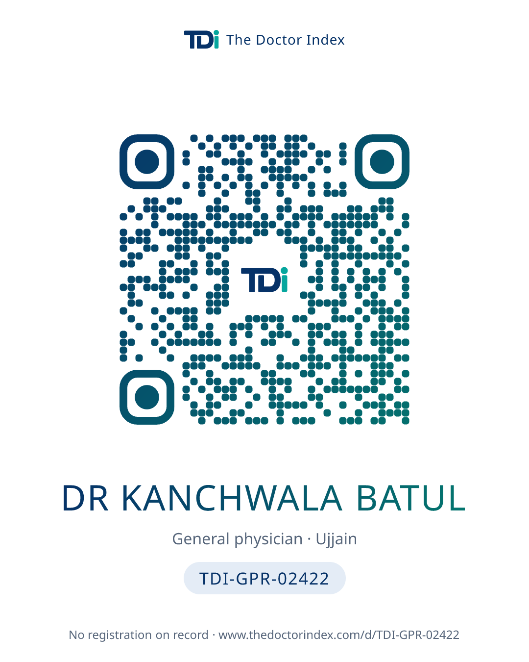 QR card for Dr Kanchwala Batul, TDI-GPR-02422