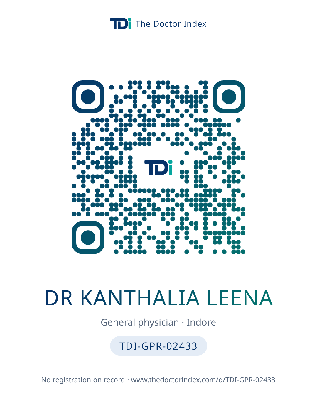 QR card for Dr Kanthalia Leena, TDI-GPR-02433