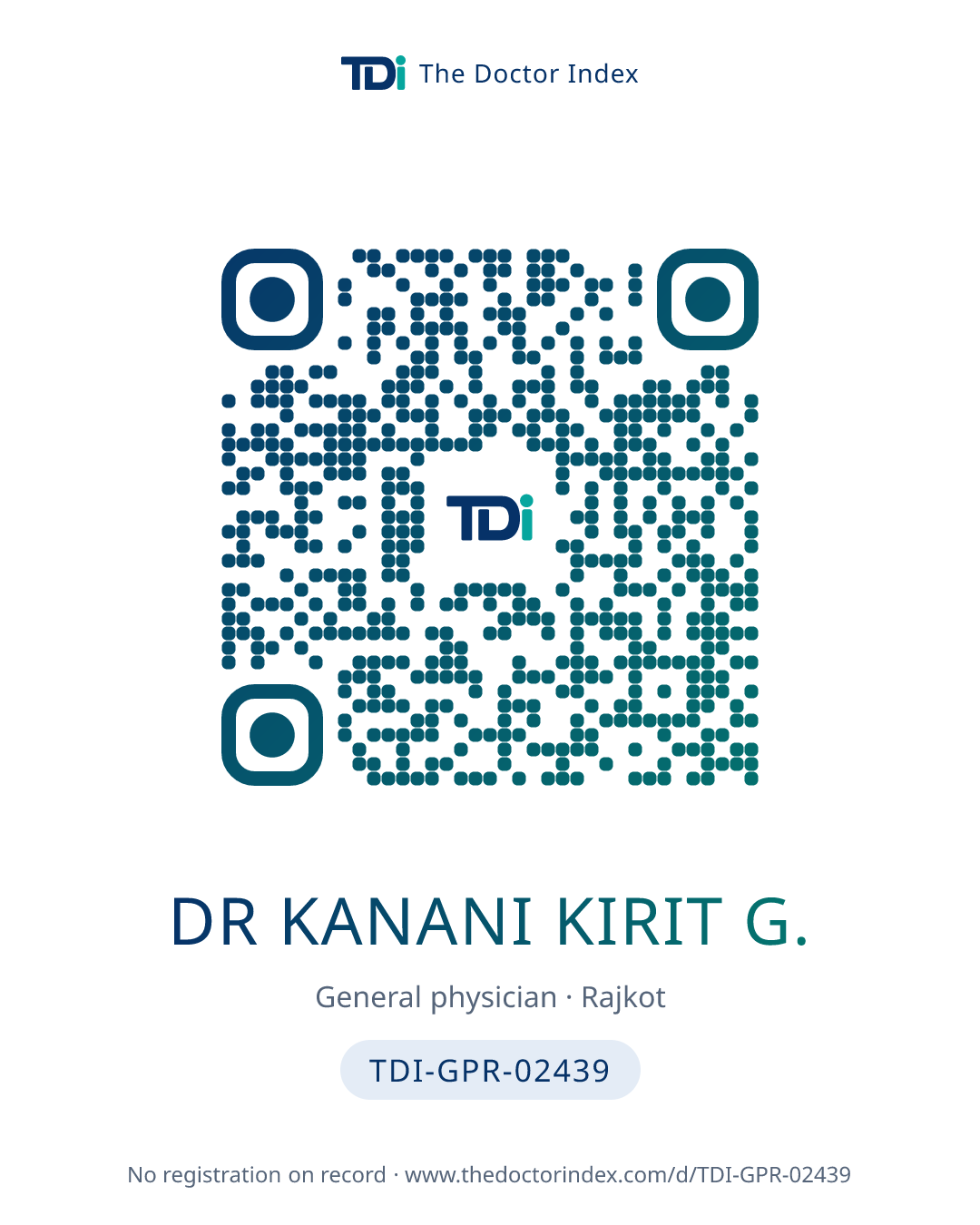 QR card for Dr Kanani Kirit G., TDI-GPR-02439