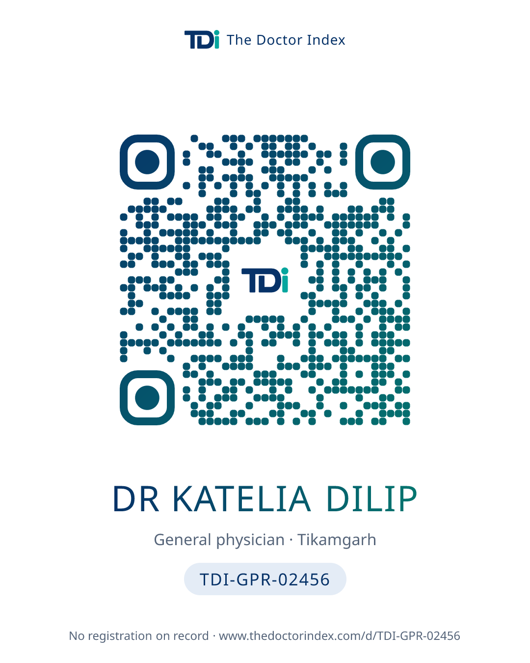 QR card for Dr Katelia Dilip, TDI-GPR-02456