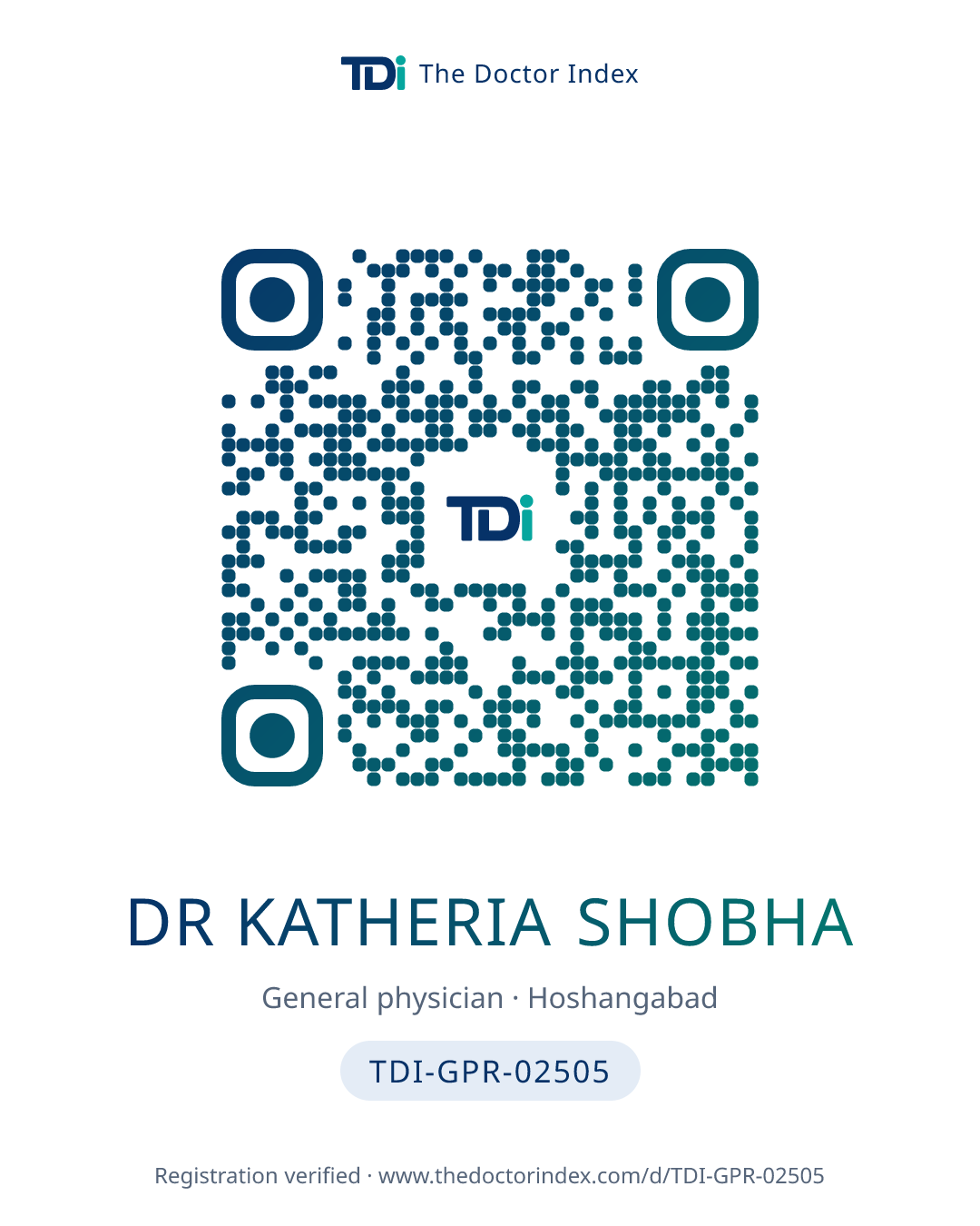 QR card for Dr Katheria Shobha, TDI-GPR-02505