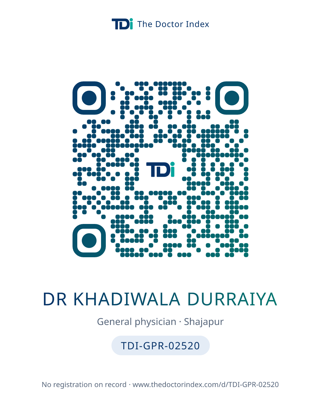 QR card for Dr Khadiwala Durraiya, TDI-GPR-02520