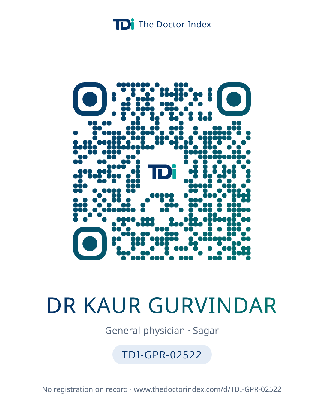 QR card for Dr Kaur Gurvindar, TDI-GPR-02522