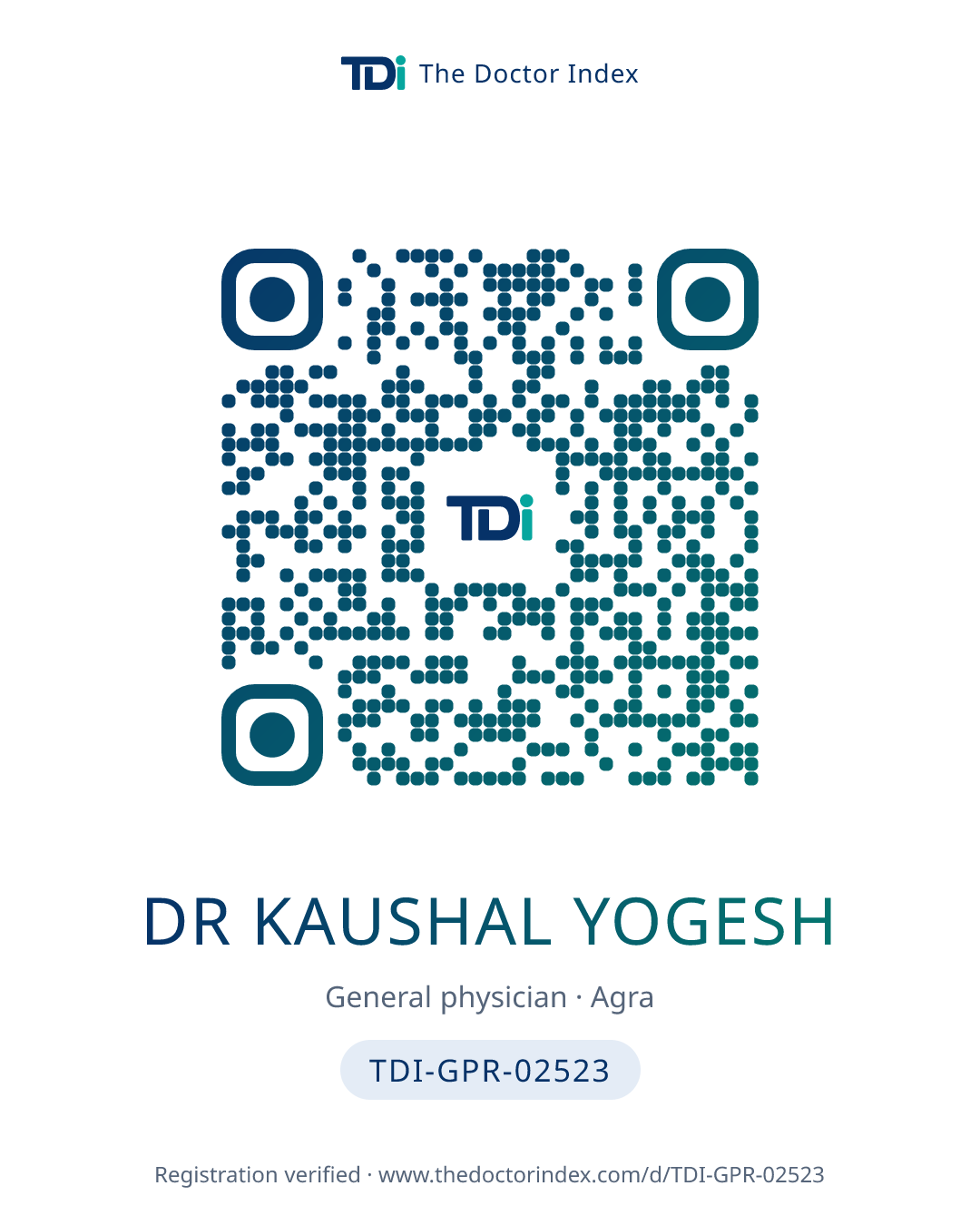 QR card for Dr Kaushal Yogesh, TDI-GPR-02523
