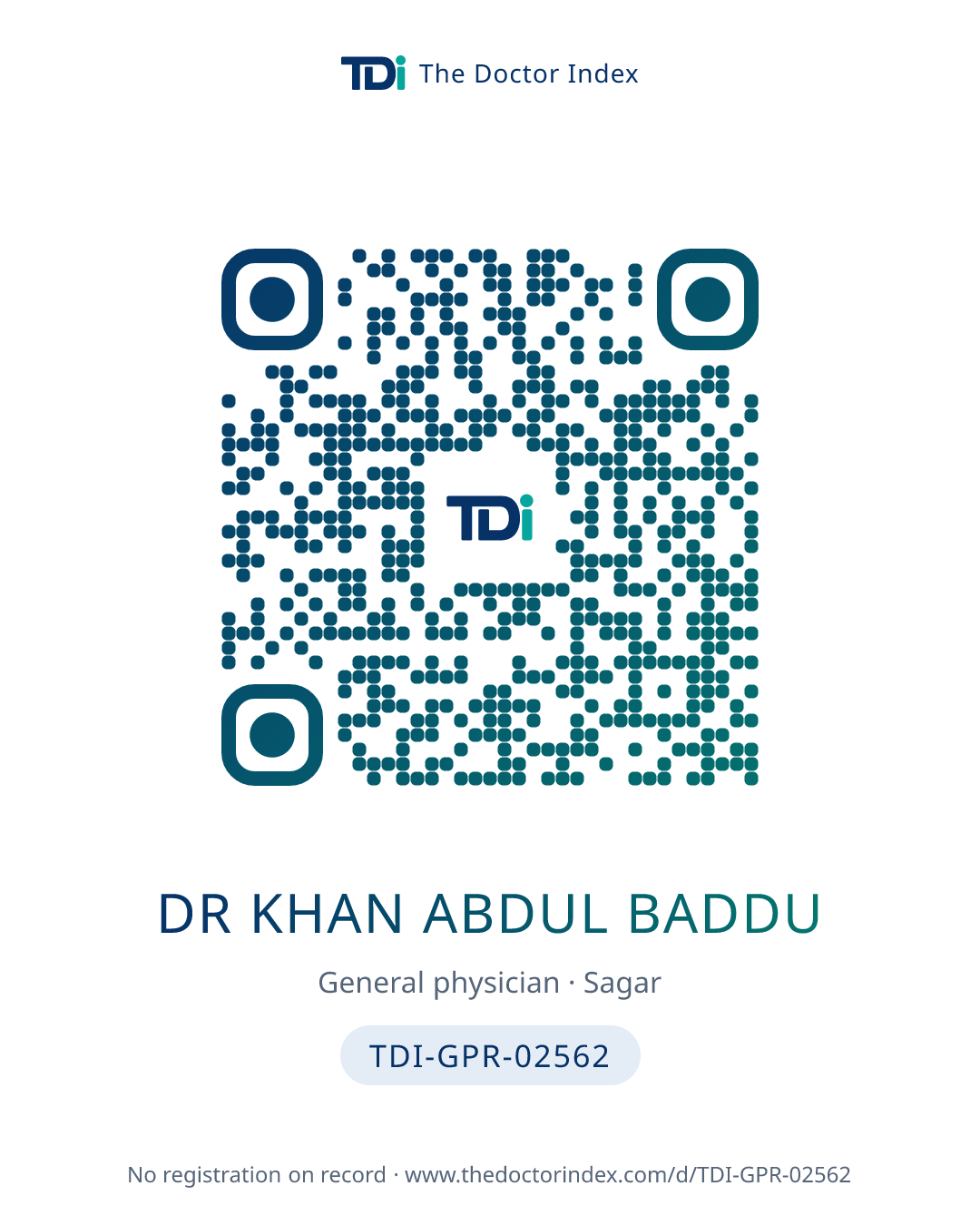 QR card for Dr Khan Abdul Baddu, TDI-GPR-02562