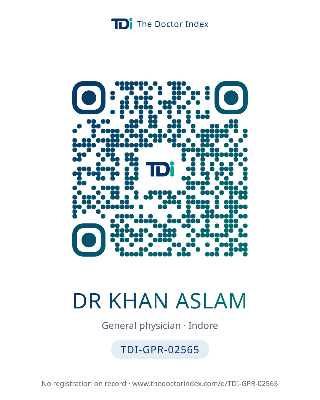 QR card for Dr Khan Aslam, TDI-GPR-02565