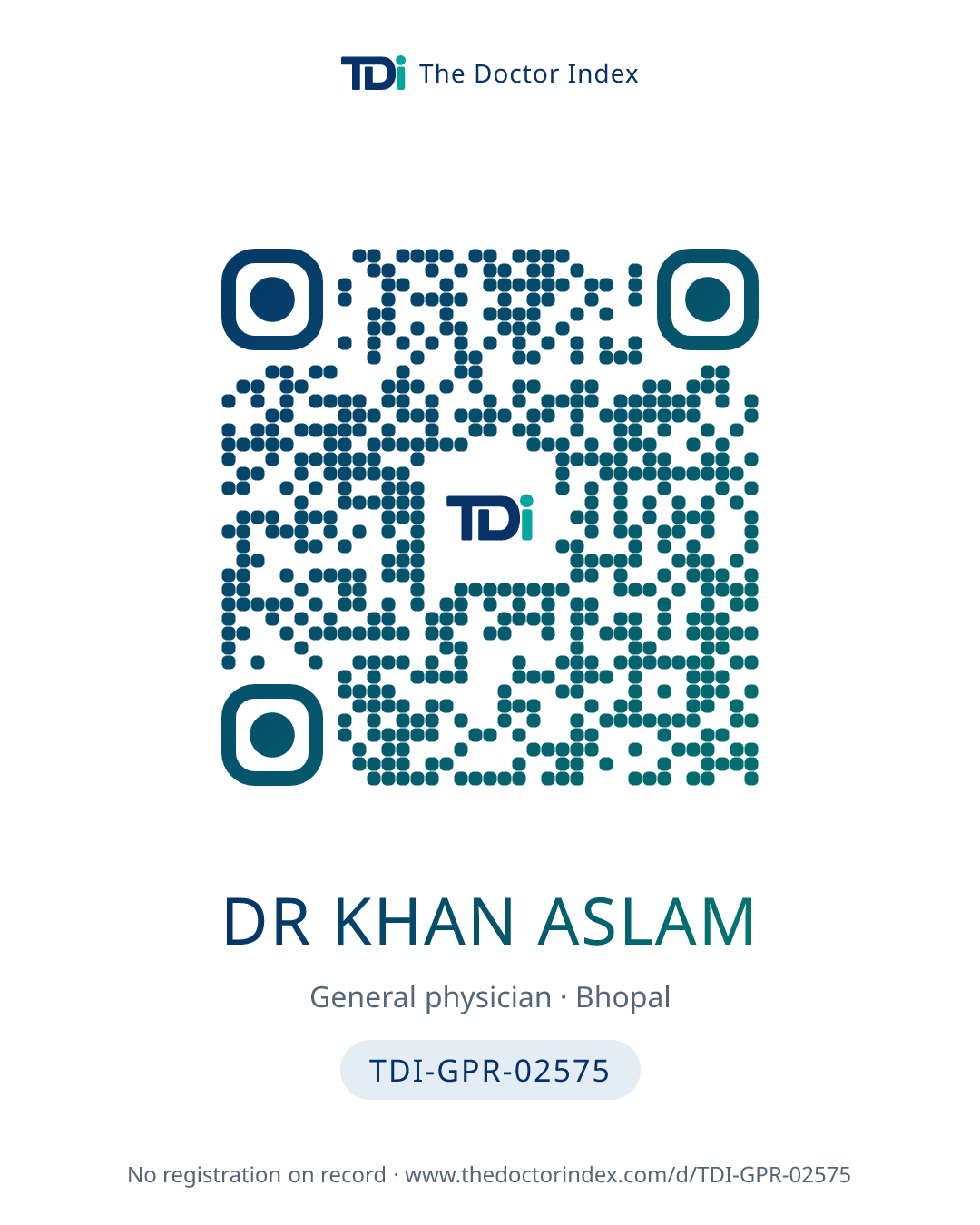 QR card for Dr Khan Aslam, TDI-GPR-02575
