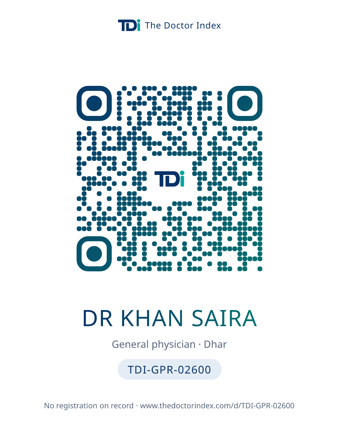 QR card for Dr Khan Saira, TDI-GPR-02600