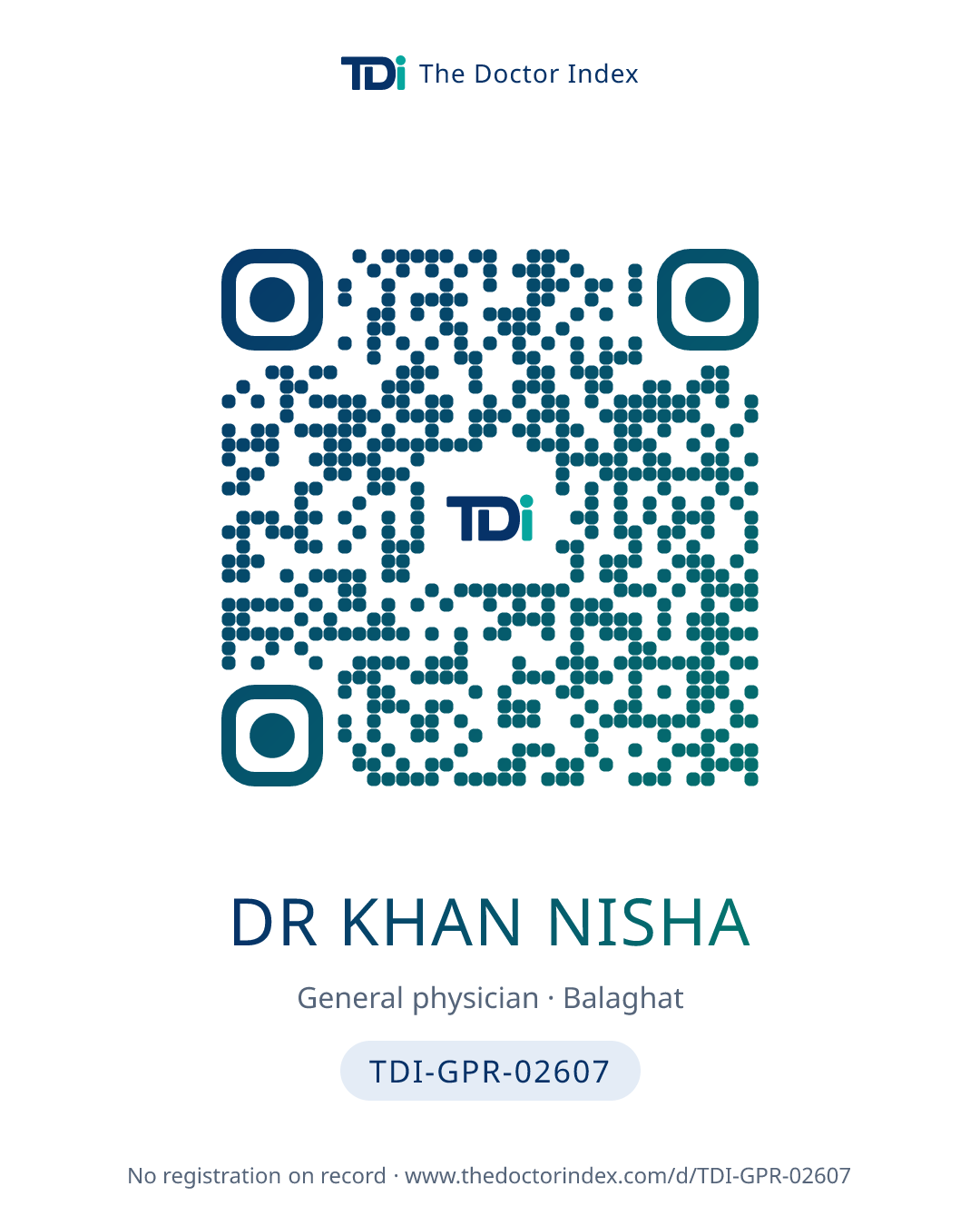 QR card for Dr Khan Nisha, TDI-GPR-02607