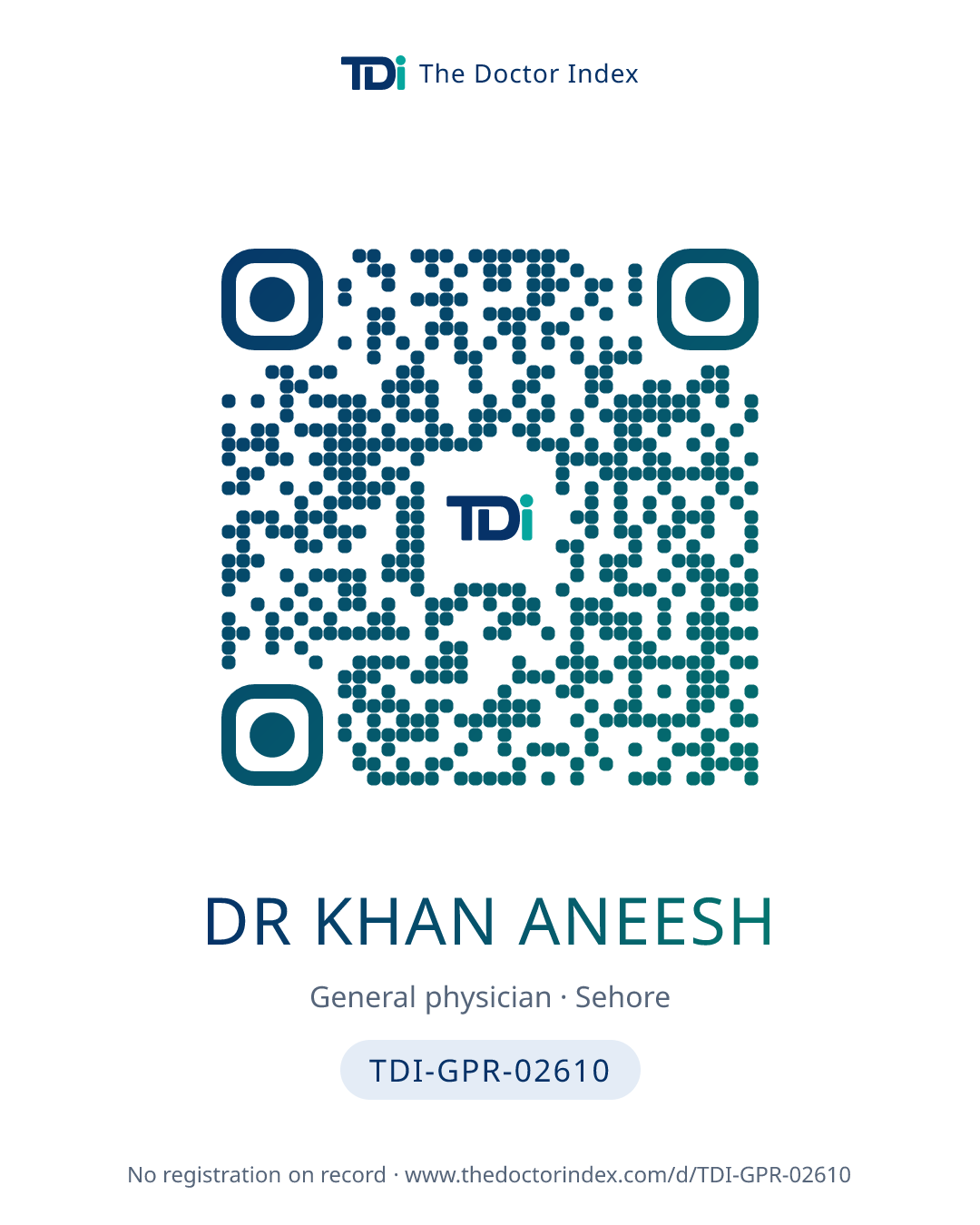 QR card for Dr Khan Aneesh, TDI-GPR-02610