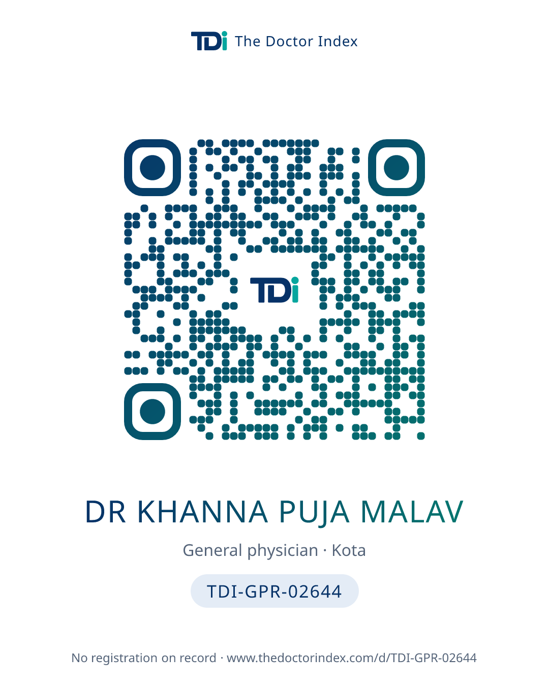 QR card for Dr Khanna Puja Malav, TDI-GPR-02644
