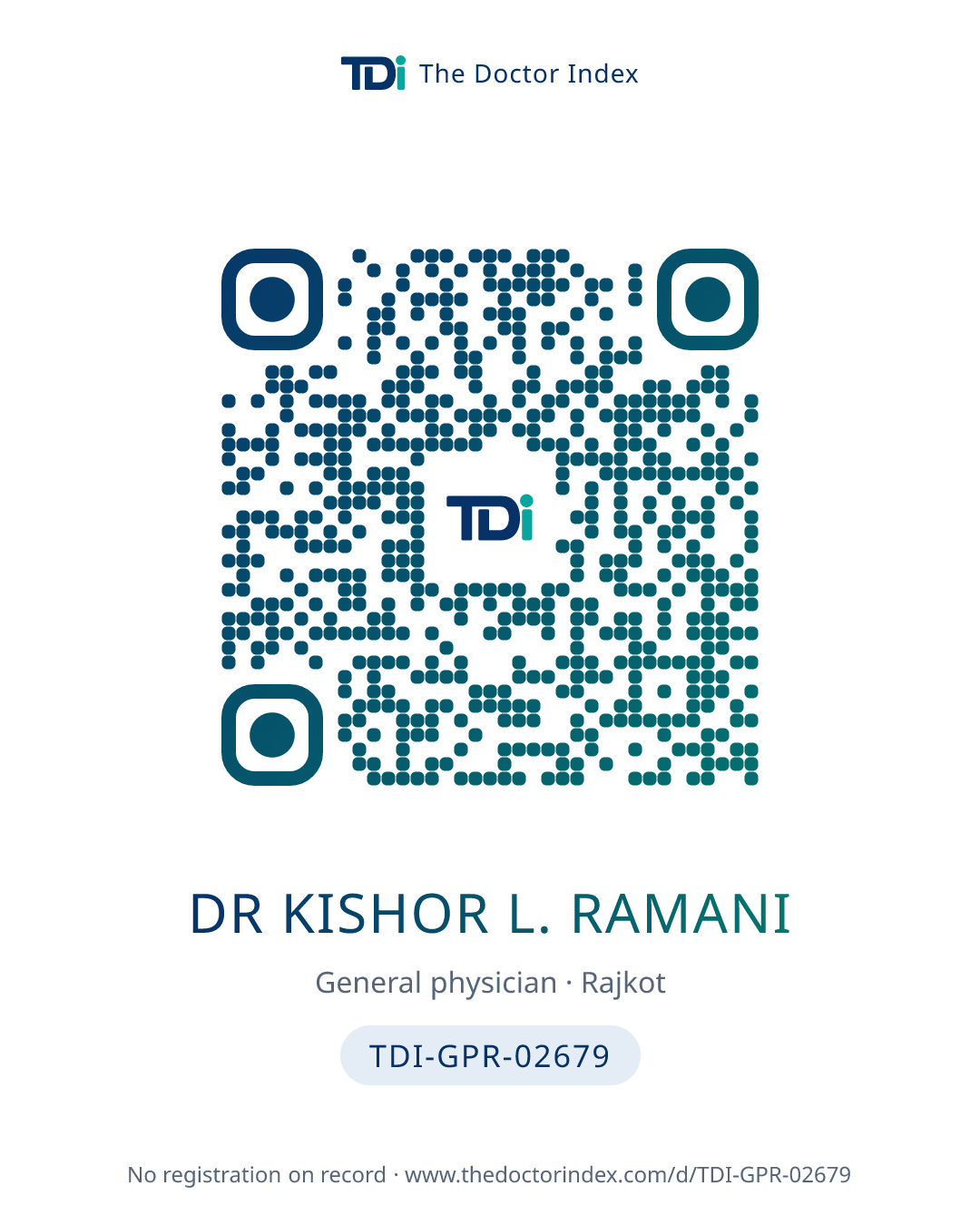 QR card for Dr Kishor L. Ramani, TDI-GPR-02679