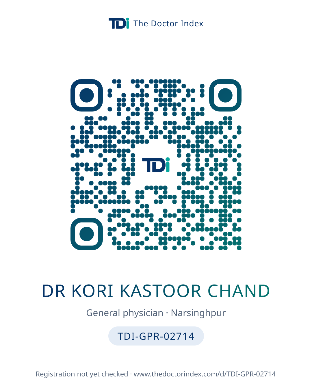 QR card for Dr Kori Kastoor Chand, TDI-GPR-02714