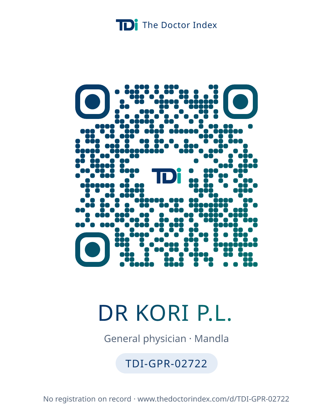 QR card for Dr Kori P.L., TDI-GPR-02722