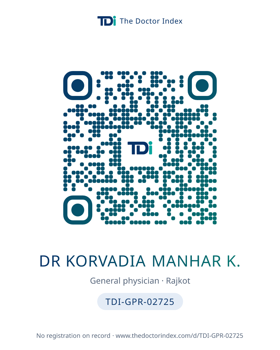 QR card for Dr Korvadia Manhar K., TDI-GPR-02725
