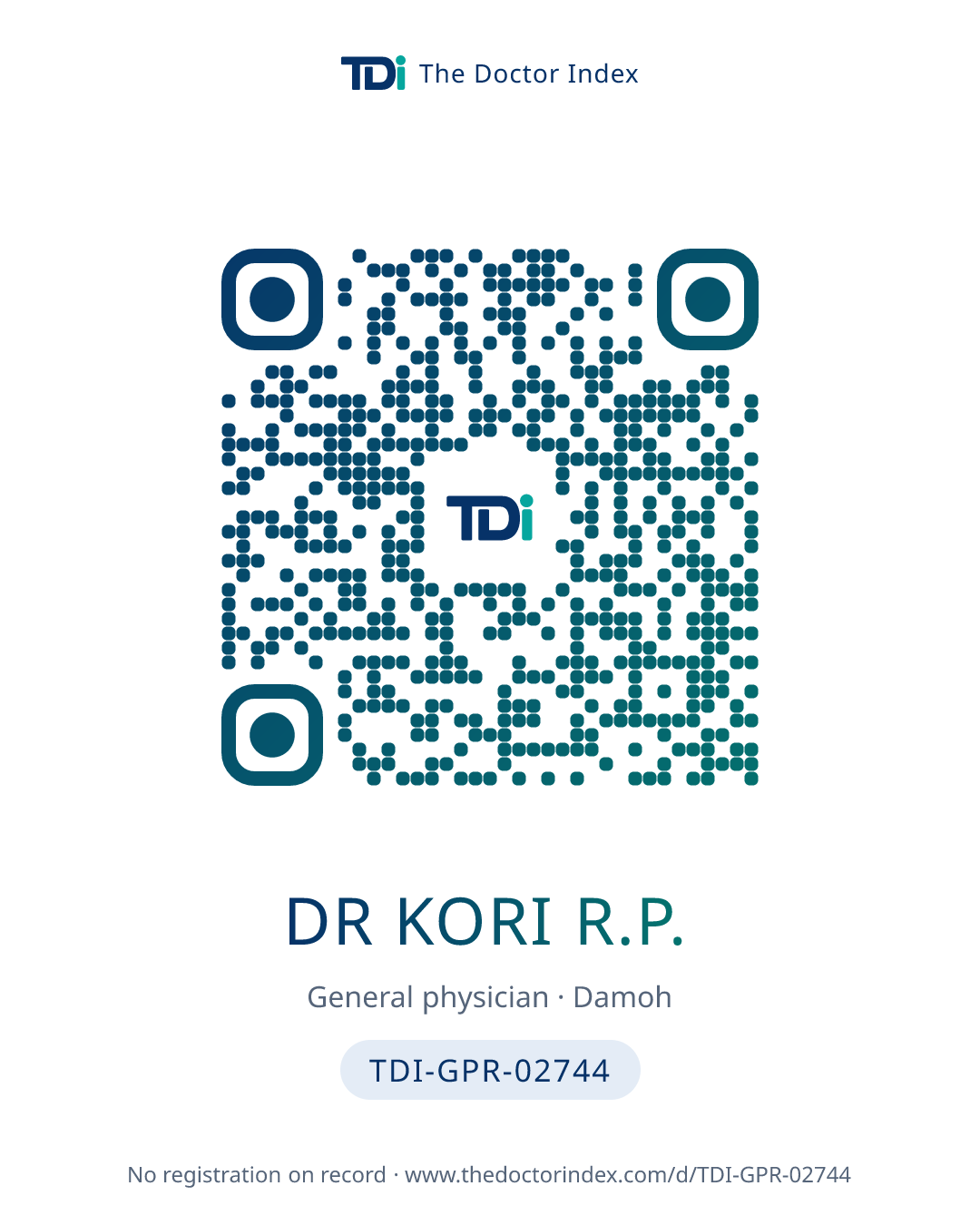 QR card for Dr Kori R.P., TDI-GPR-02744