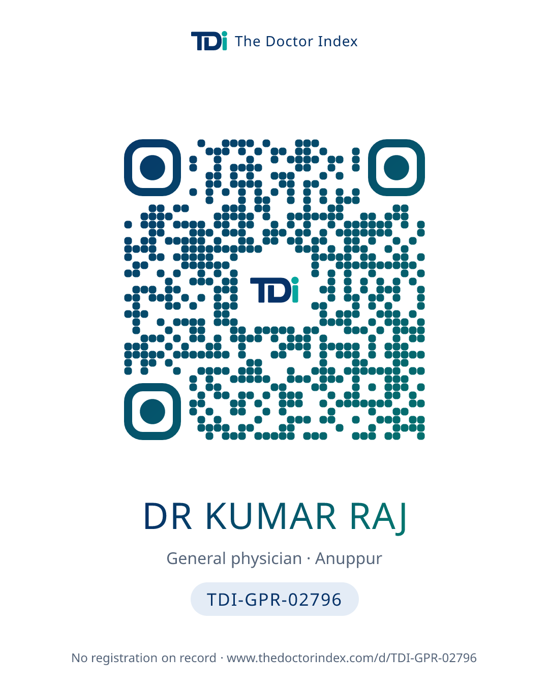 QR card for Dr Kumar Raj, TDI-GPR-02796