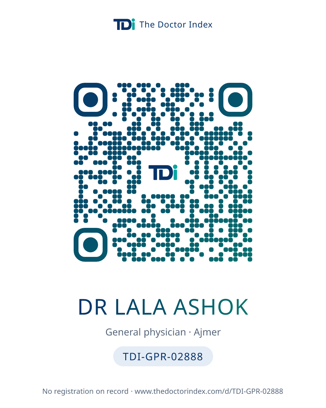 QR card for Dr Lala Ashok, TDI-GPR-02888