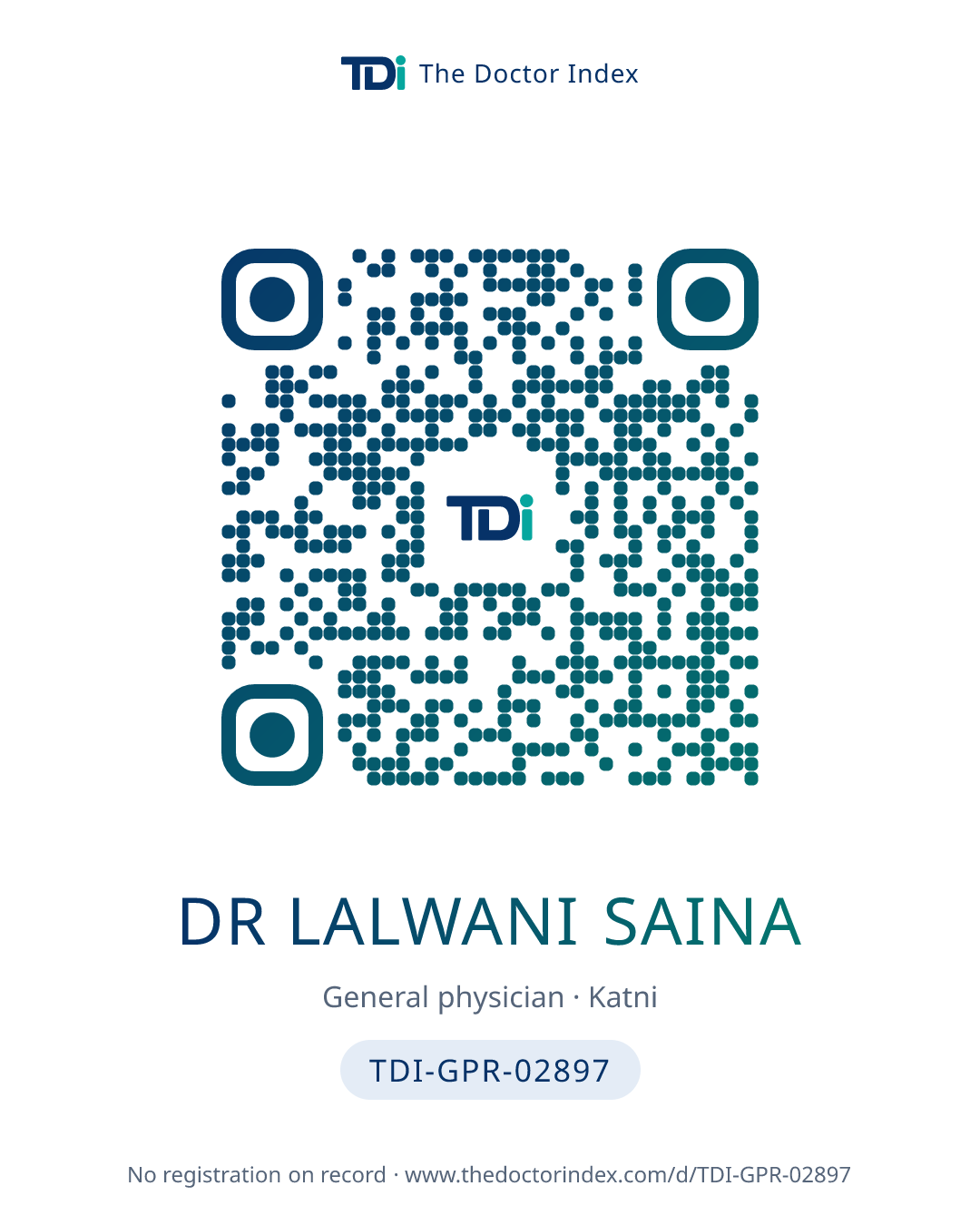 QR card for Dr Lalwani Saina, TDI-GPR-02897