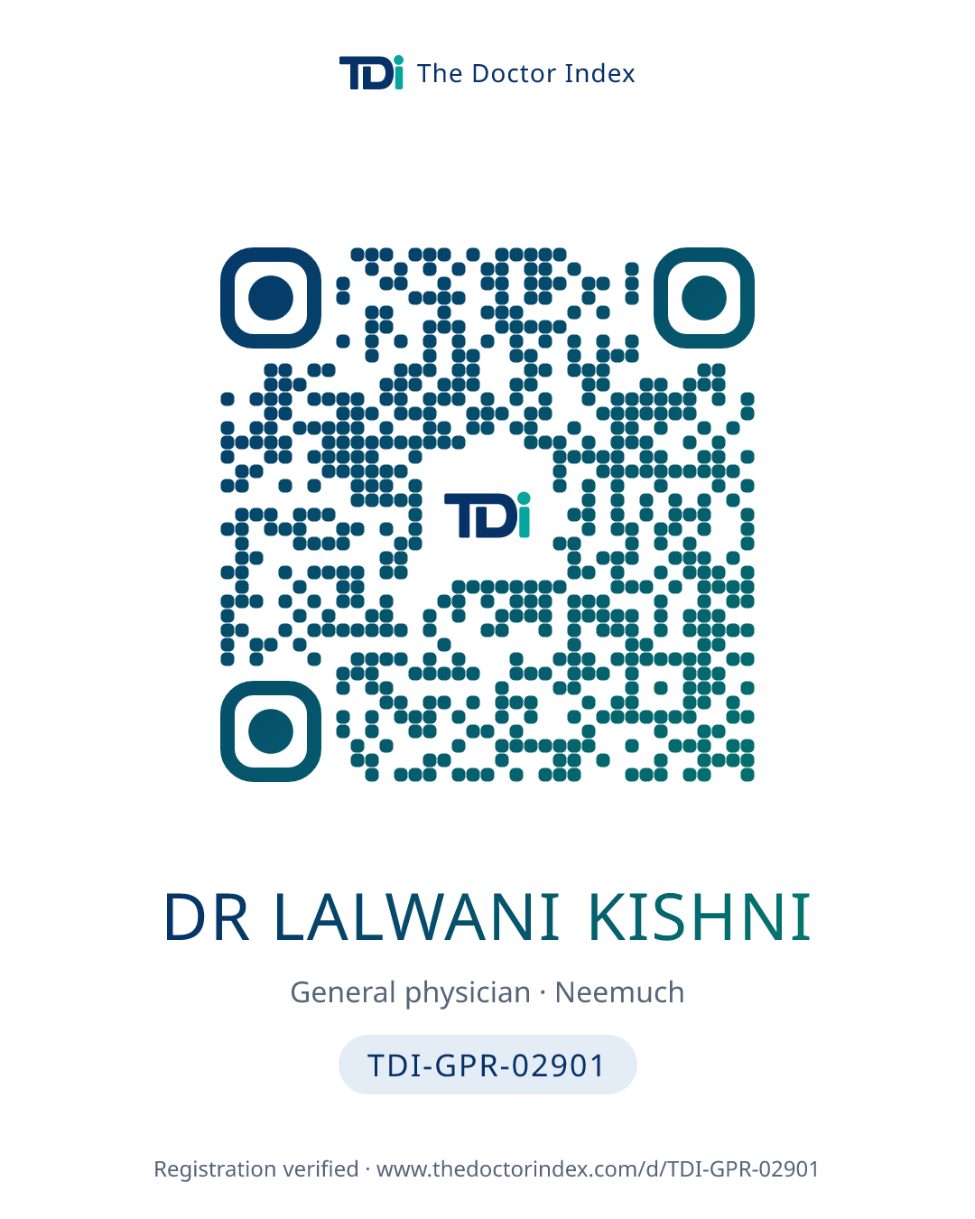 QR card for Dr Lalwani Kishni, TDI-GPR-02901