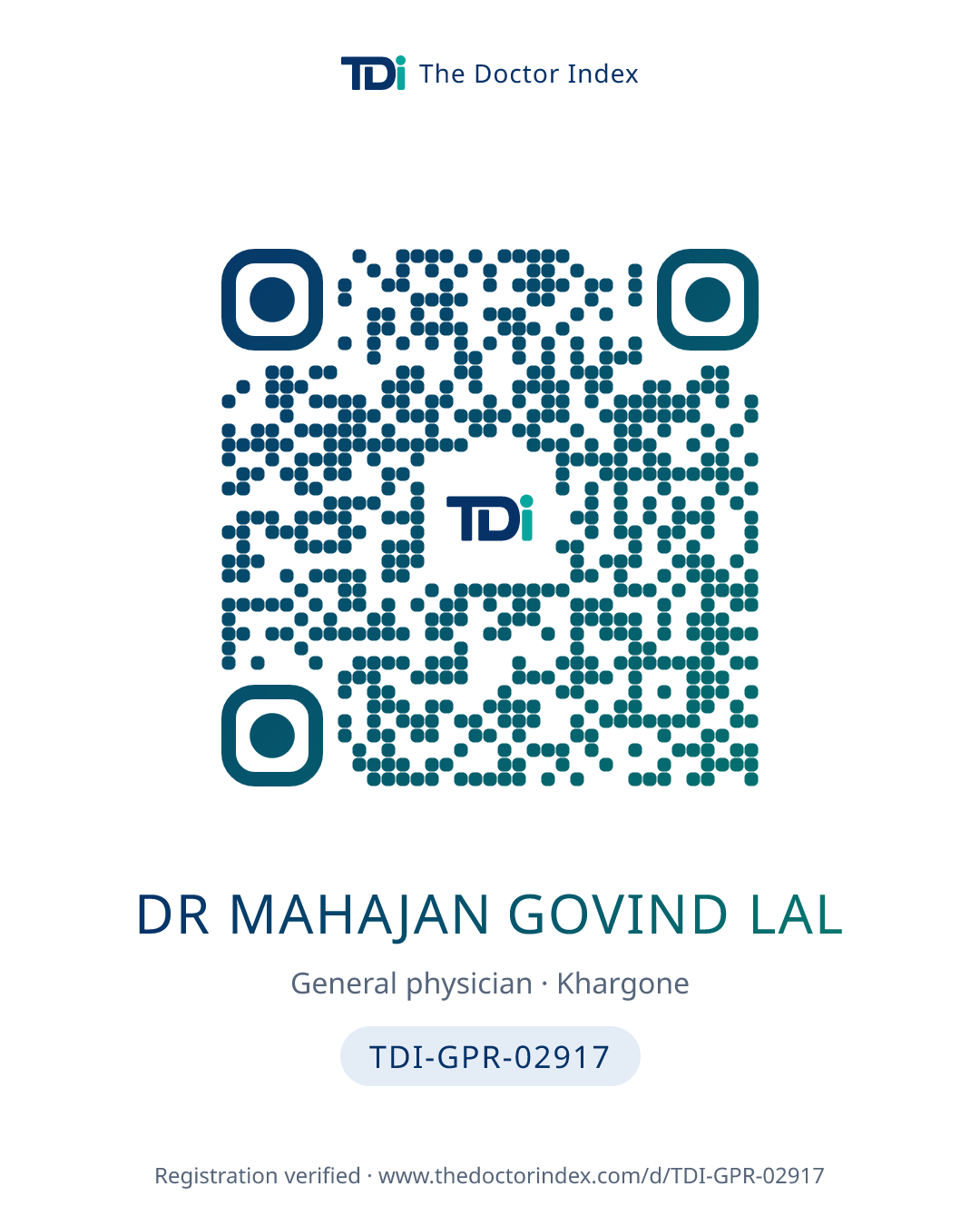 QR card for Dr Mahajan Govind Lal, TDI-GPR-02917