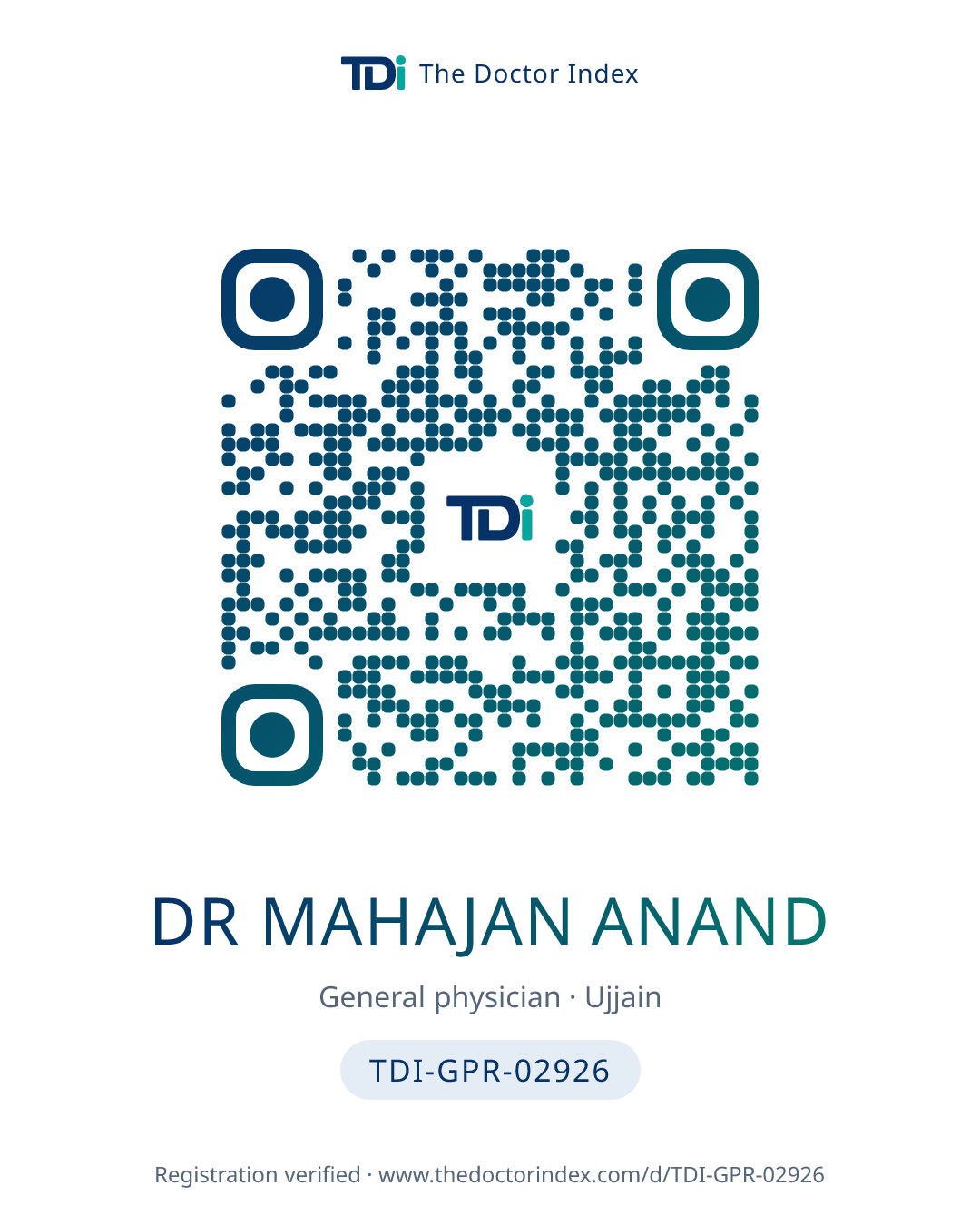 QR card for Dr Mahajan Anand, TDI-GPR-02926