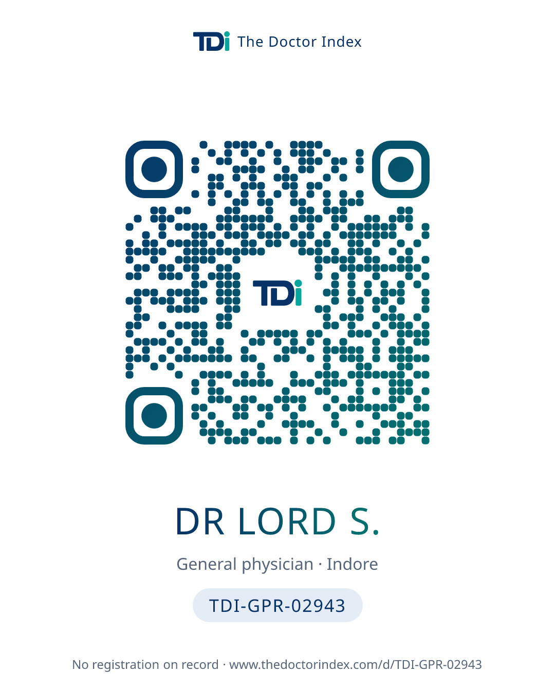 QR card for Dr Lord S., TDI-GPR-02943