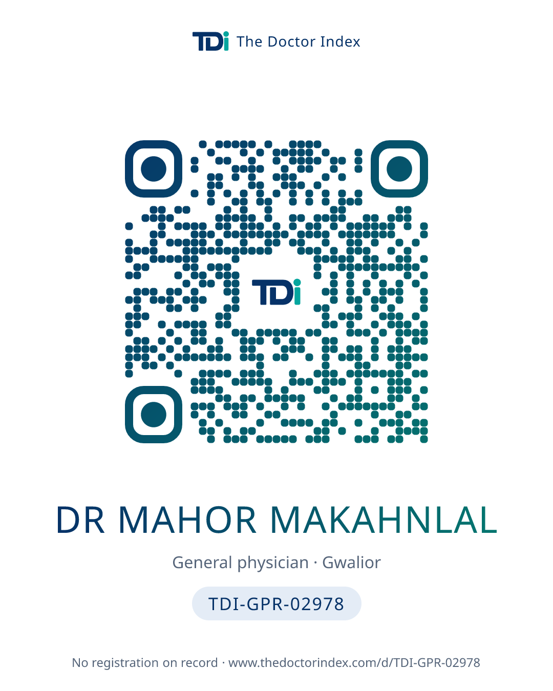 QR card for Dr Mahor Makahnlal, TDI-GPR-02978